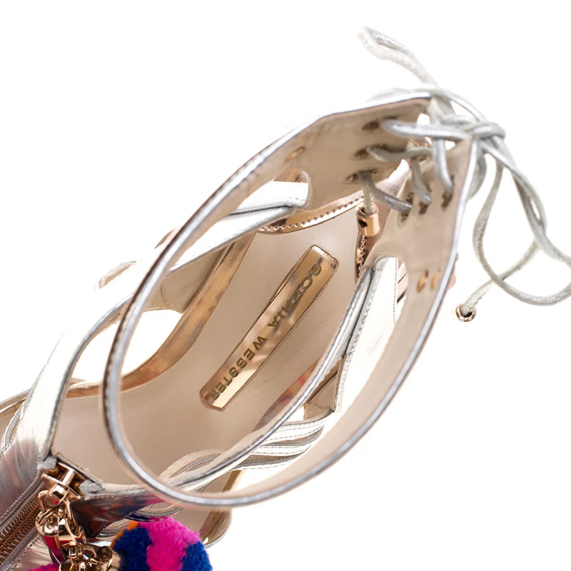 Sophia Webster Metallic Silver Mirrored Leather Yasmina Pom Pom Embellished Sandals Size 40.5 For Women - Image 7