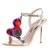 Sophia Webster Metallic Silver Leather Layla Pom Pom Embellished T-Strap Sandals Size 37.5 For Women