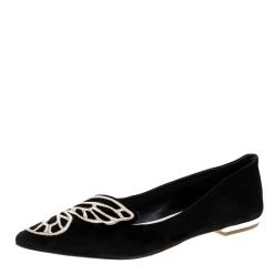 Sophia Webster Black Embroidered Suede Bibi Butterfly Pointed Toe Ballet Flats Size 37.5 For Women