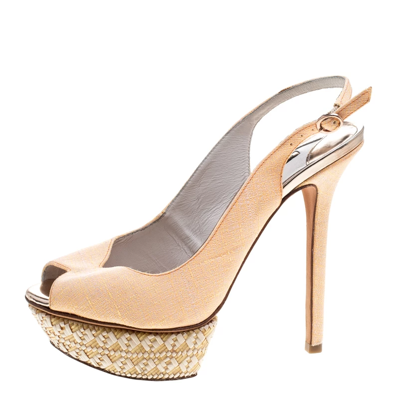 Sophia Webster Fluro Apricot Canvas Peron Raffia Platform Peep Toe Slingback Sandals Size 37 For Women - Image 2