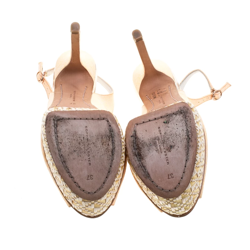 Sophia Webster Fluro Apricot Canvas Peron Raffia Platform Peep Toe Slingback Sandals Size 37 For Women - Image 6