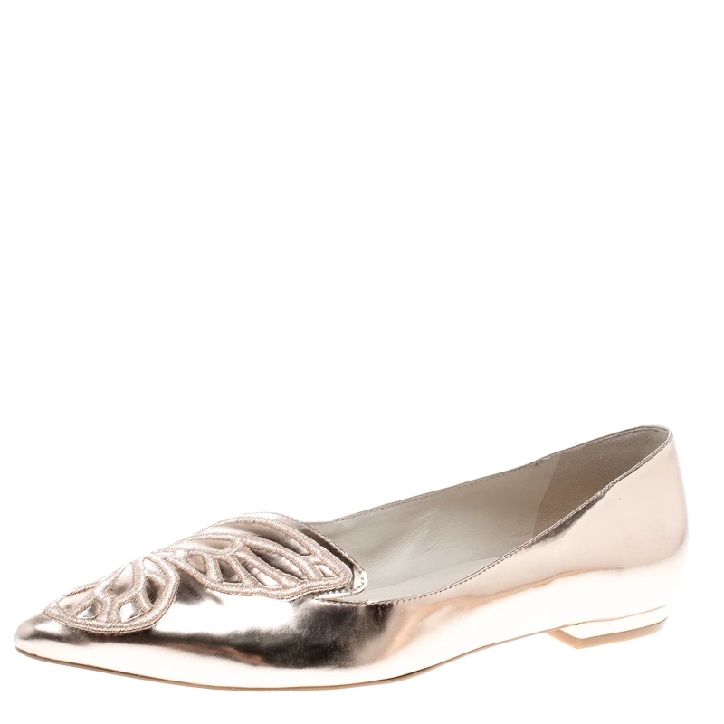 Sophia Webster Metallic Rose Gold Leather Bibi Butterfly Pointed Toe Ballet Flats Size 37 For Women