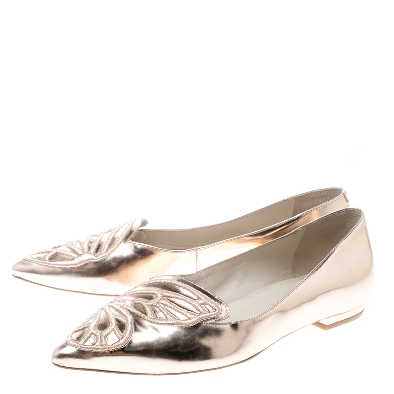 Sophia Webster Metallic Rose Gold Leather Bibi Butterfly Pointed Toe Ballet Flats Size 37 For Women - Image 4