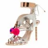 Sophia Webster Metallic Silver Mirrored Leather Yasmina Pom Pom Embellished Sandals Size 38 For Women