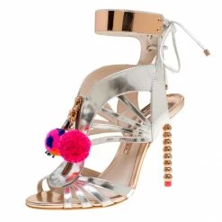 Sophia Webster Metallic Silver Mirrored Leather Yasmina Pom Pom Embellished Sandals Size 38 For Women