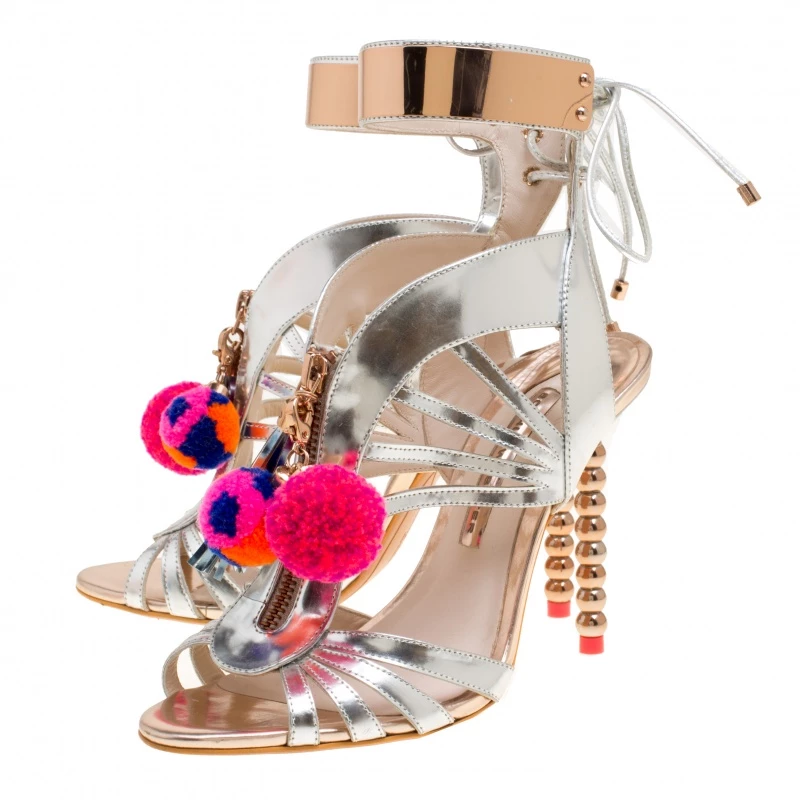 Sophia Webster Metallic Silver Mirrored Leather Yasmina Pom Pom Embellished Sandals Size 38 For Women - Image 4
