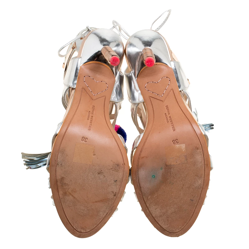 Sophia Webster Metallic Silver Mirrored Leather Yasmina Pom Pom Embellished Sandals Size 38 For Women - Image 6