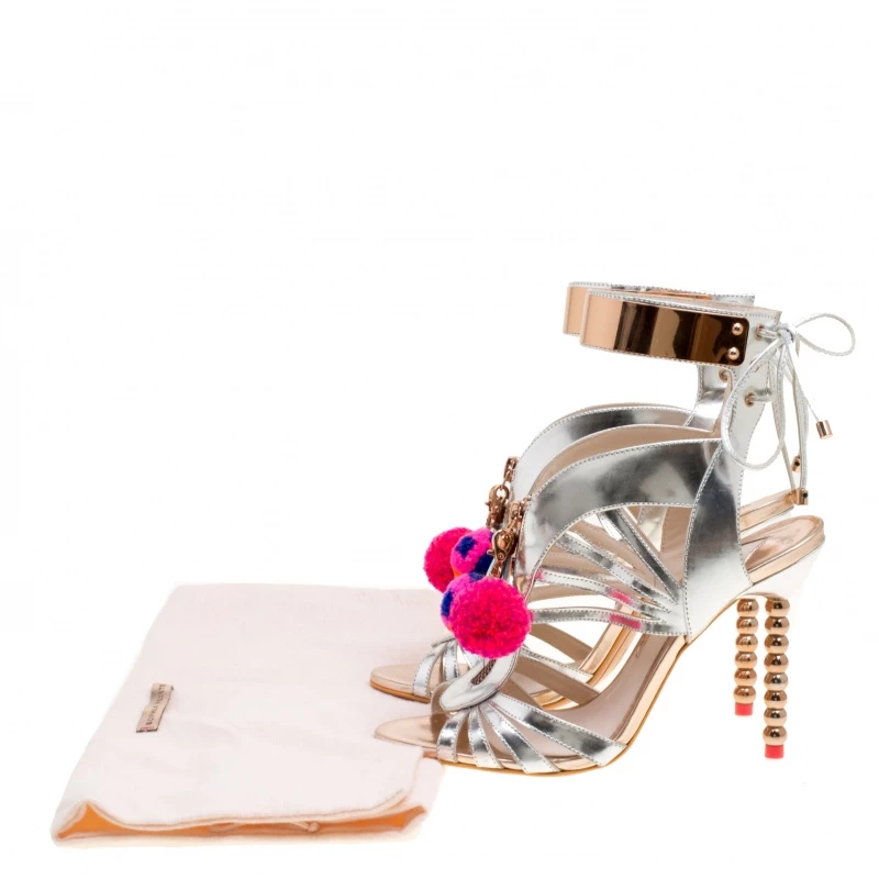 Sophia Webster Metallic Silver Mirrored Leather Yasmina Pom Pom Embellished Sandals Size 38 For Women - Image 8
