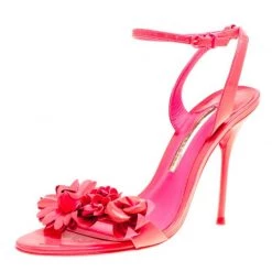 Sophia Webster Fluorescent Pink Patent Leather Lilico Floral Embellished Ankle Wrap Sandals Size 38 For Women