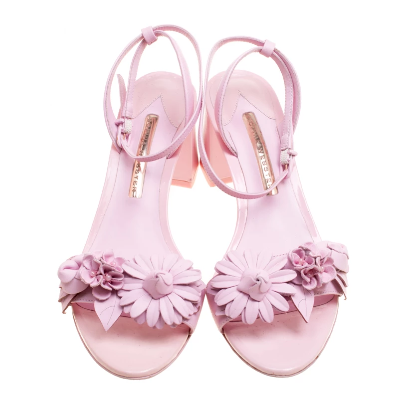 Sophia Webster Pink Leather Lilico Floral Embellished Ankle Wrap Sandals Size 39 For Women - Image 3