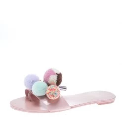 Sophia Webster Blush Pink Patent Leather Jada Pom Pom Flat Slide Sandals Size 37.5 For Women