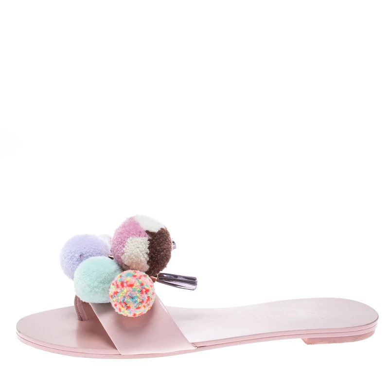 Sophia Webster Blush Pink Patent Leather Jada Pom Pom Flat Slide Sandals Size 37.5 For Women - Image 2