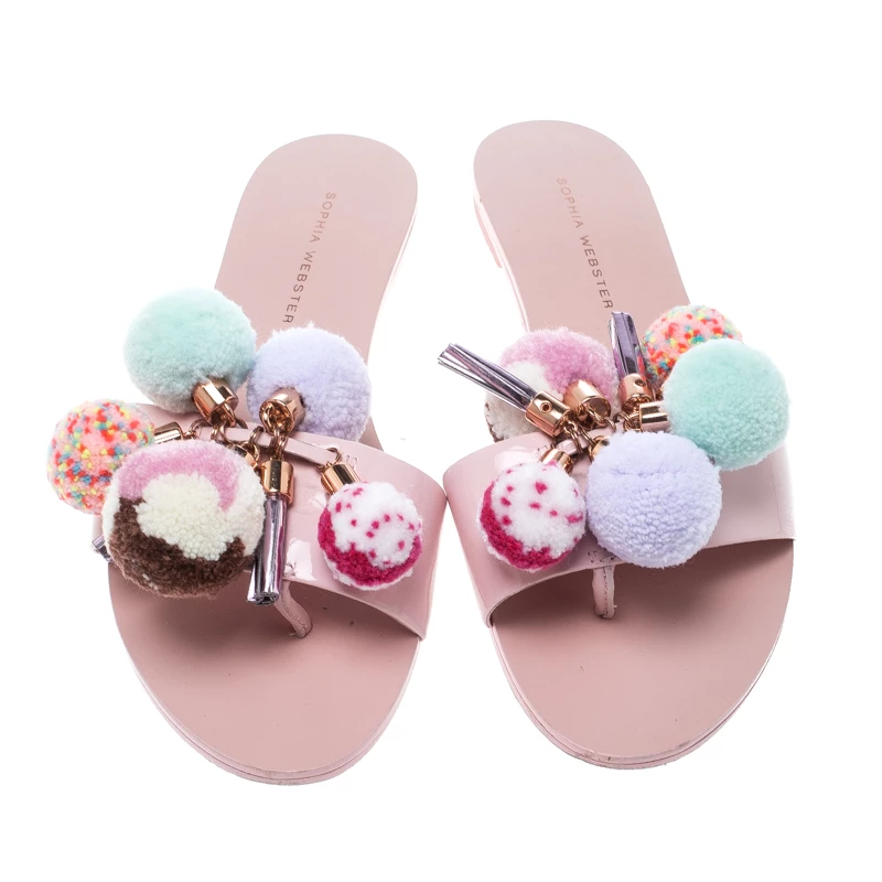 Sophia Webster Blush Pink Patent Leather Jada Pom Pom Flat Slide Sandals Size 37.5 For Women - Image 3