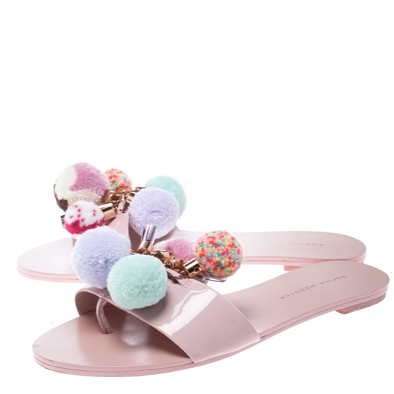 Sophia Webster Blush Pink Patent Leather Jada Pom Pom Flat Slide Sandals Size 37.5 For Women - Image 4