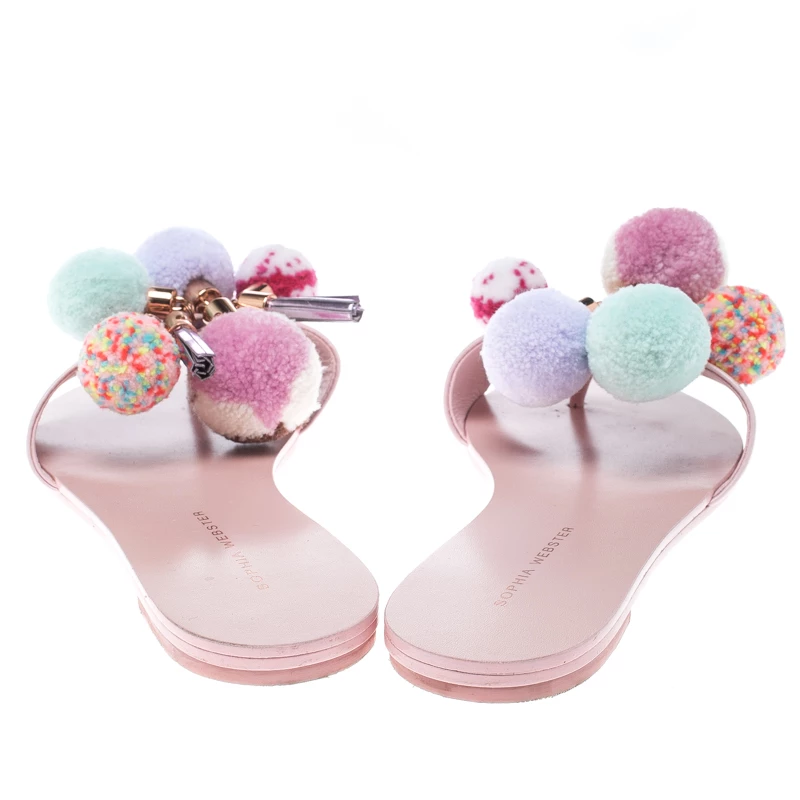 Sophia Webster Blush Pink Patent Leather Jada Pom Pom Flat Slide Sandals Size 37.5 For Women - Image 5