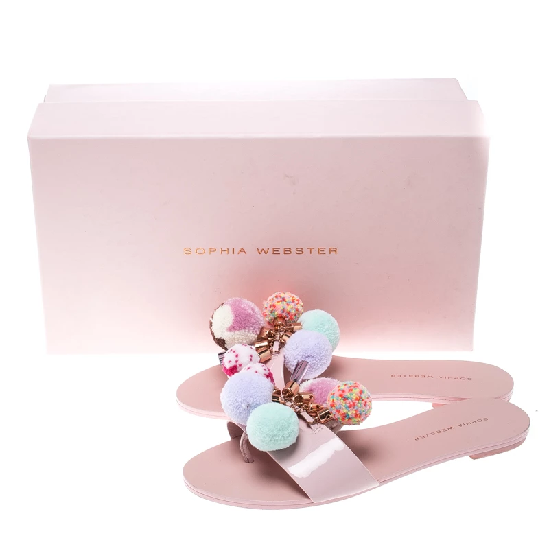 Sophia Webster Blush Pink Patent Leather Jada Pom Pom Flat Slide Sandals Size 37.5 For Women - Image 8