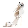 Sophia Webster Metallic Silver Leather Maya Crystal Embellished Bow Ankle Strap Sandals Size 39.5 For Women