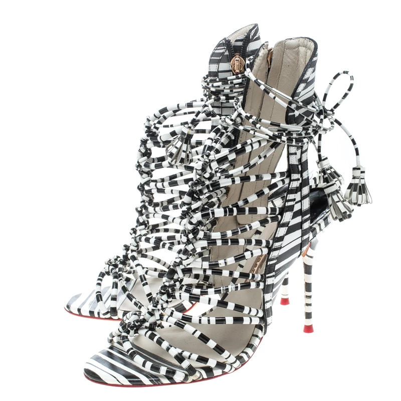Sophia Webster Monochrome Leather Lacey Tie Up Sandals Size 38 For Women - Image 4