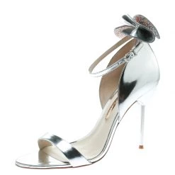 Sophia Webster Metallic Silver Leather Maya Crystal Embellished Bow Ankle Strap Sandals Size 42 For Women