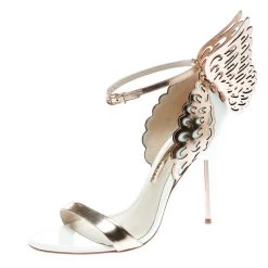 Sophia Webster Rose Gold/White Leather Evangeline Laser Cut Angel Wing Ankle Strap Sandals Size 40.5 For Women