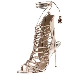 Sophia Webster Metallic Rose Gold Leather Lacey Tie Up Sandals Size 38 For Women