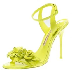 Sophia Webster Neon Green Leather Lilico Floral Embellished Ankle Wrap Sandals Size 36.5 For Women