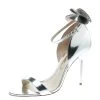 Sophia Webster Metallic Silver Leather Maya Crystal Embellished Bow Ankle Strap Sandals Size 39 For Women