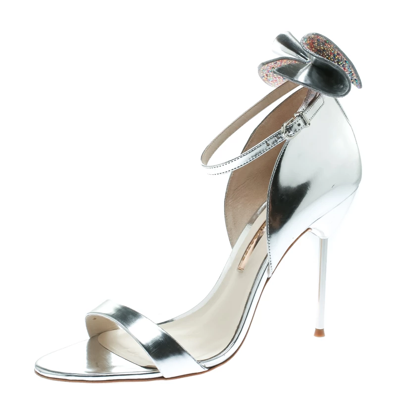 Sophia Webster Metallic Silver Leather Maya Crystal Embellished Bow Ankle Strap Sandals Size 39 For Women