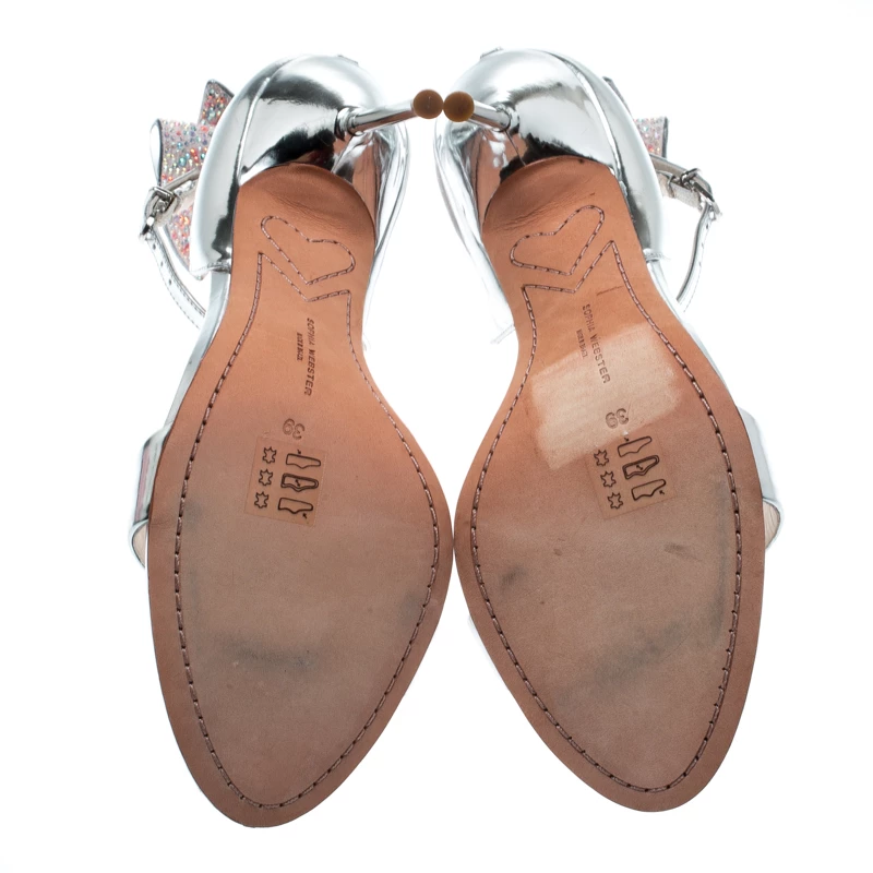 Sophia Webster Metallic Silver Leather Maya Crystal Embellished Bow Ankle Strap Sandals Size 39 For Women - Image 6