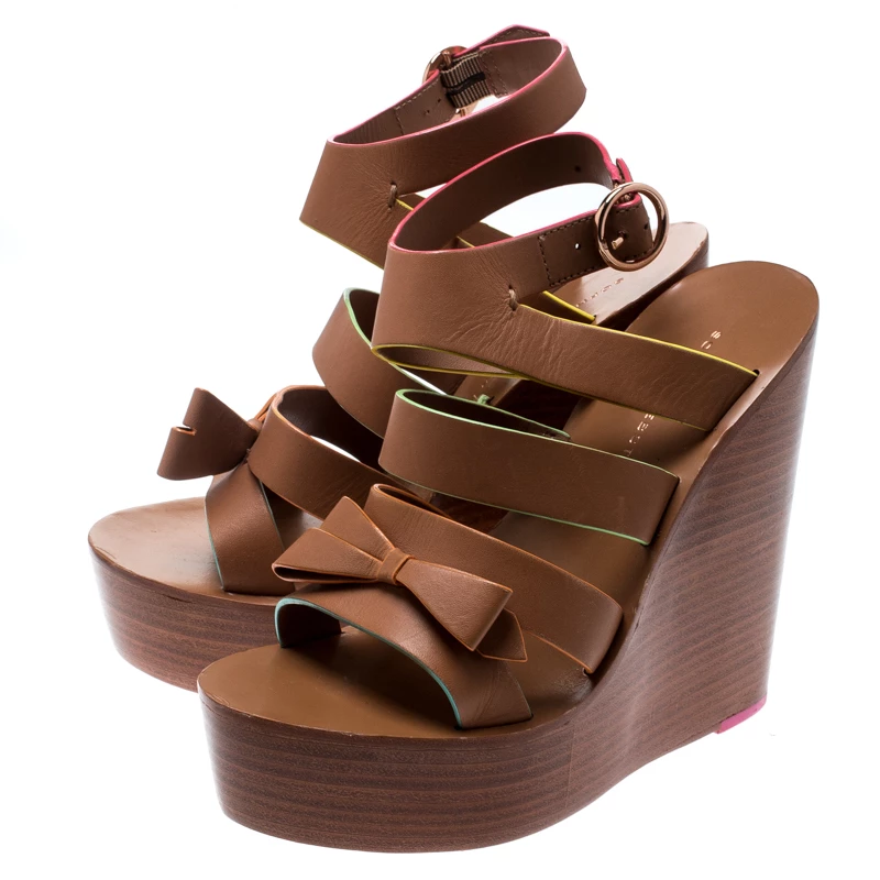 Sophia Webster Brown Leather Samara Strappy Wedge Platform Sandals Size 36 For Women - Image 4