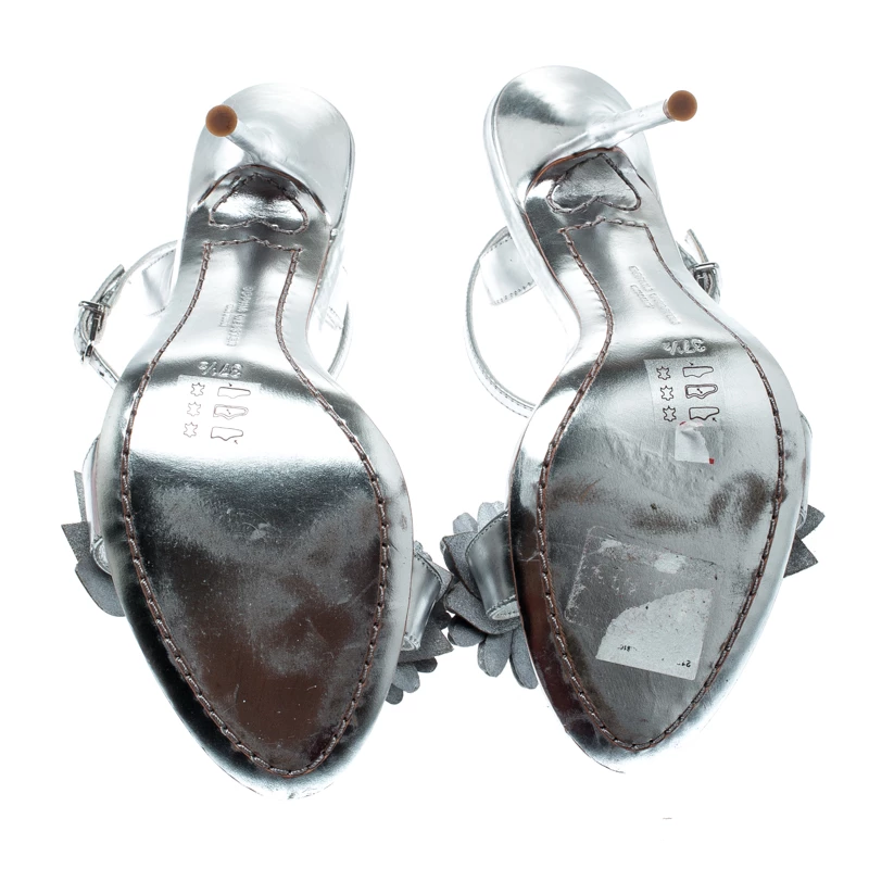 Sophia Webster Metallic Silver Leather Lilico Floral Embellished Ankle Wrap Sandals Size 37.5 For Women - Image 6