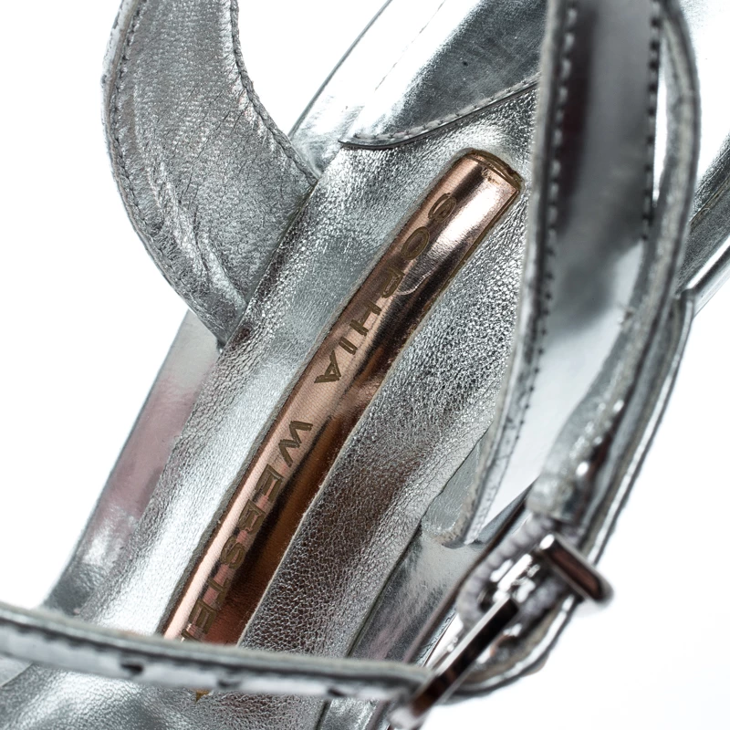 Sophia Webster Metallic Silver Leather Lilico Floral Embellished Ankle Wrap Sandals Size 37.5 For Women - Image 7