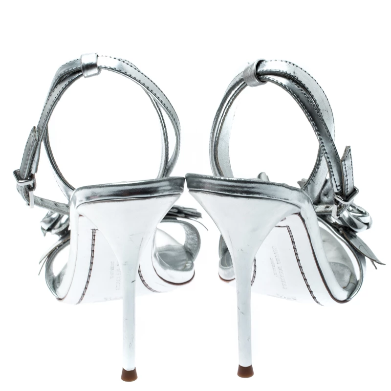 Sophia Webster Metallic Silver Leather Lilico Floral Embellished Ankle Wrap Sandals Size 37.5 For Women - Image 5