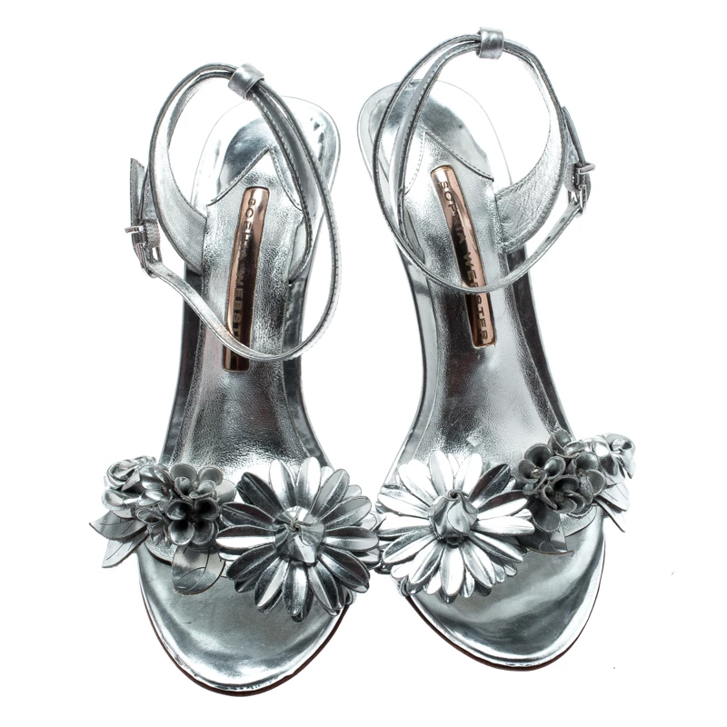 Sophia Webster Metallic Silver Leather Lilico Floral Embellished Ankle Wrap Sandals Size 37.5 For Women - Image 3