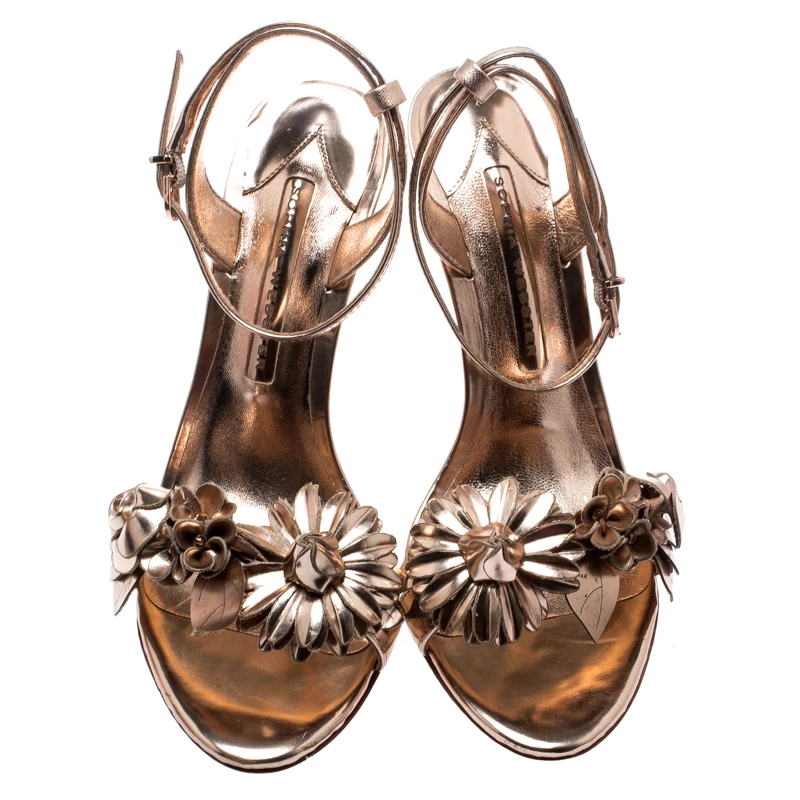 Sophia Webster Metallic Rose Gold Leather Lilico Floral Embellished Ankle Wrap Sandals Size 35.5 For Women - Image 3