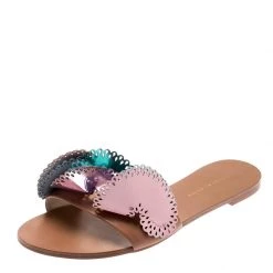 Sophia Webster Metallic Multicolor Laser Cut Leather Soleil Flat Slides Size 39 For Women