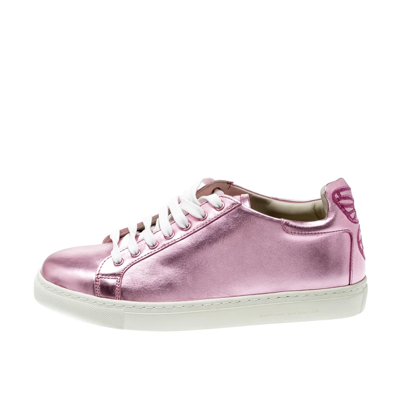 Sophia Webster Pink Metallic Leather Bibi Butterfly Low Top Sneakers Size 38.5 For Women - Image 2