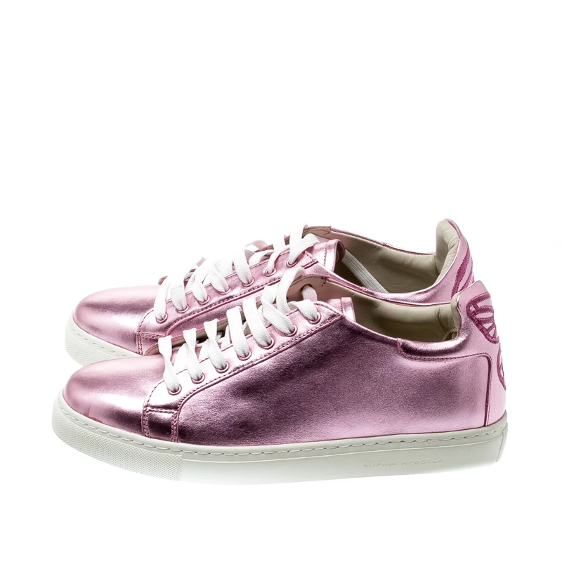 Sophia Webster Pink Metallic Leather Bibi Butterfly Low Top Sneakers Size 38.5 For Women - Image 4