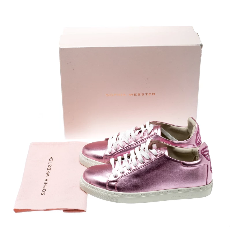 Sophia Webster Pink Metallic Leather Bibi Butterfly Low Top Sneakers Size 38.5 For Women - Image 8