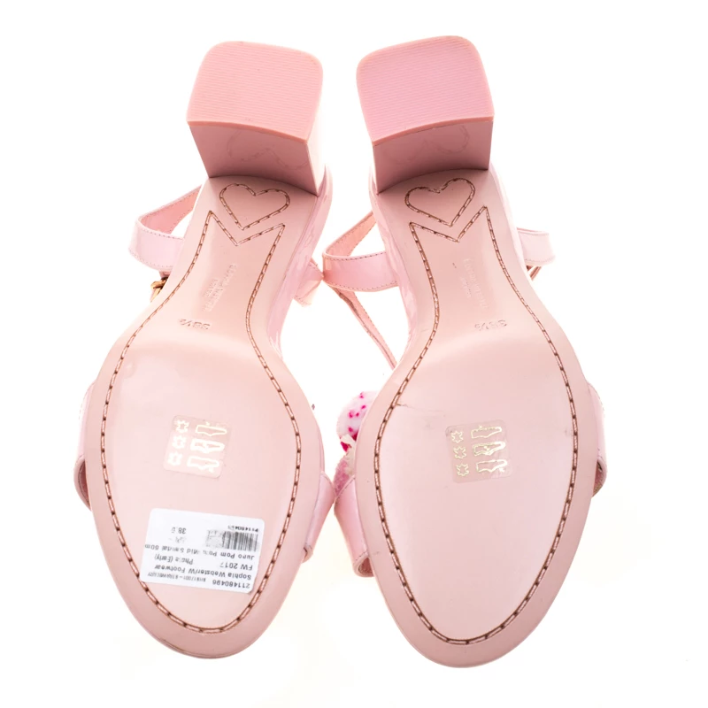 Sophia Webster Pink Patent Leather Juno Pom Pom Embellished T-Strap Sandals Size 38.5 For Women - Image 6