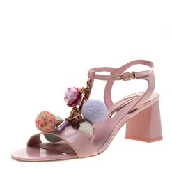 Sophia Webster Pink Patent Leather Juno Pom Pom Embellished T-Strap Sandals Size 38.5 For Women