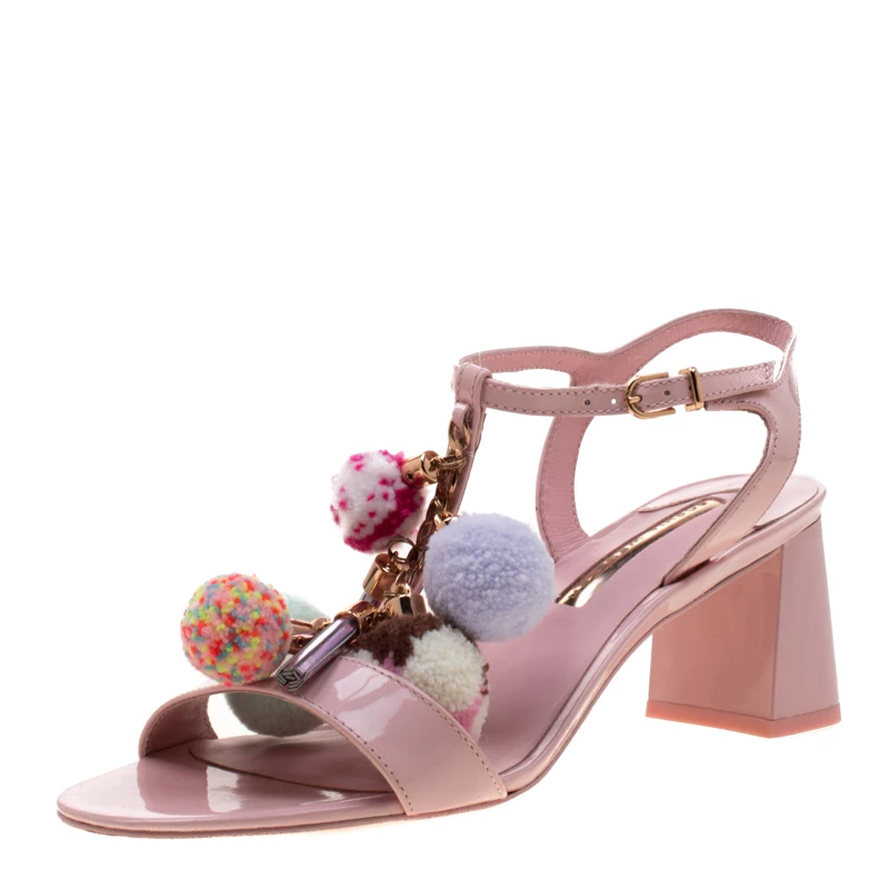 Sophia Webster Pink Patent Leather Juno Pom Pom Embellished T-Strap Sandals Size 38.5 For Women