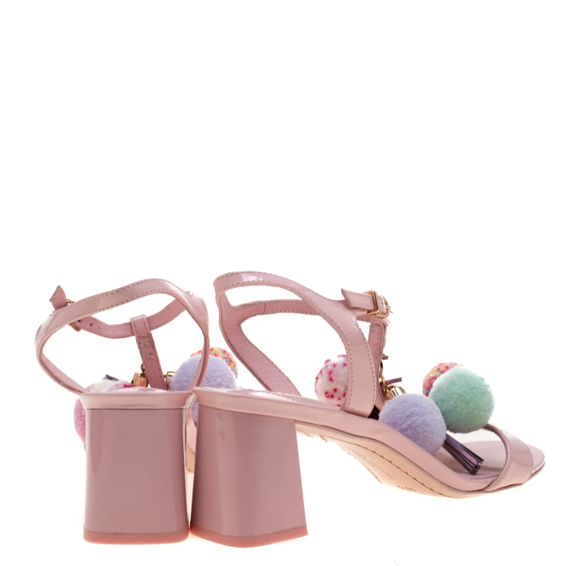 Sophia Webster Pink Patent Leather Juno Pom Pom Embellished T-Strap Sandals Size 38.5 For Women - Image 5