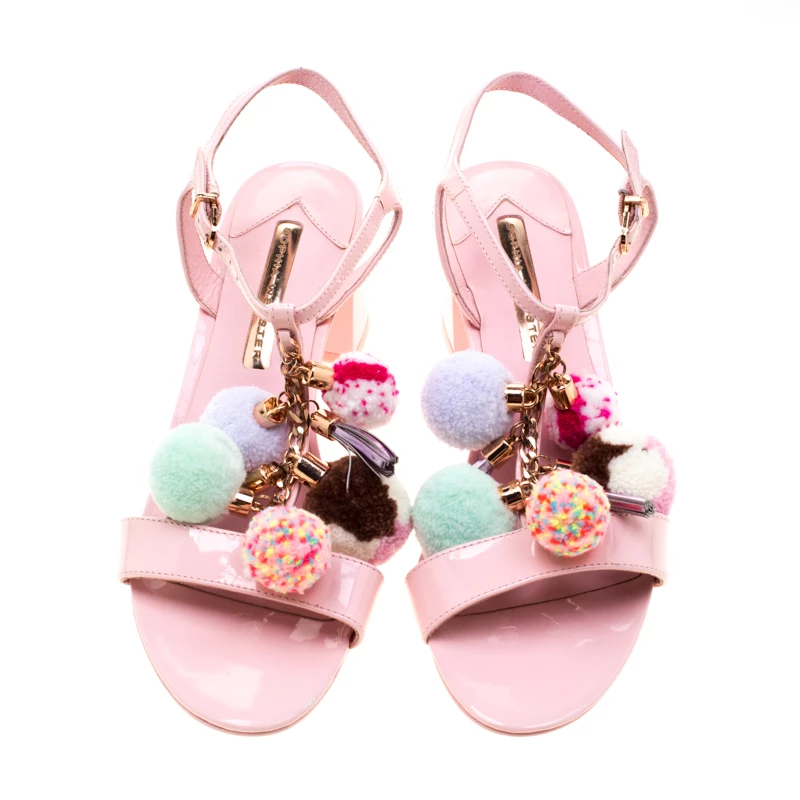 Sophia Webster Pink Patent Leather Juno Pom Pom Embellished T-Strap Sandals Size 38.5 For Women - Image 3