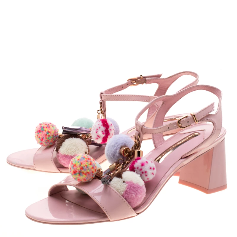 Sophia Webster Pink Patent Leather Juno Pom Pom Embellished T-Strap Sandals Size 38.5 For Women - Image 4