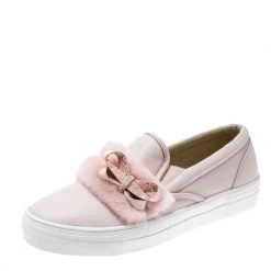 Sophia Webster Pink Leather And Faux Fur Bella Embellished Bow Slip On Sneakers Size 41 For Women