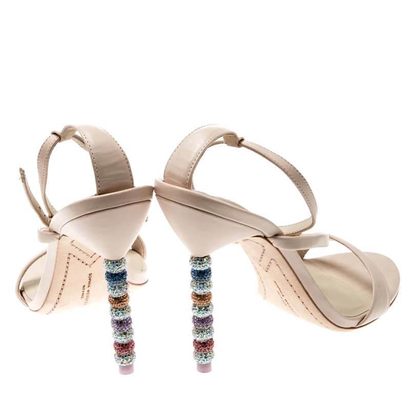 Sophia Webster Beige Leather Rosalind Crystal Heel Ankle Strap Open Toe Sandals Size 40 For Women - Image 5