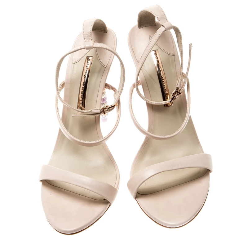 Sophia Webster Beige Leather Rosalind Crystal Heel Ankle Strap Open Toe Sandals Size 40 For Women - Image 3