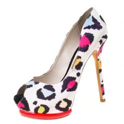 Sophia Webster Mutlicolor Leopard Print Fabric Peep Toe Platform Pumps Size 38.5 For Women
