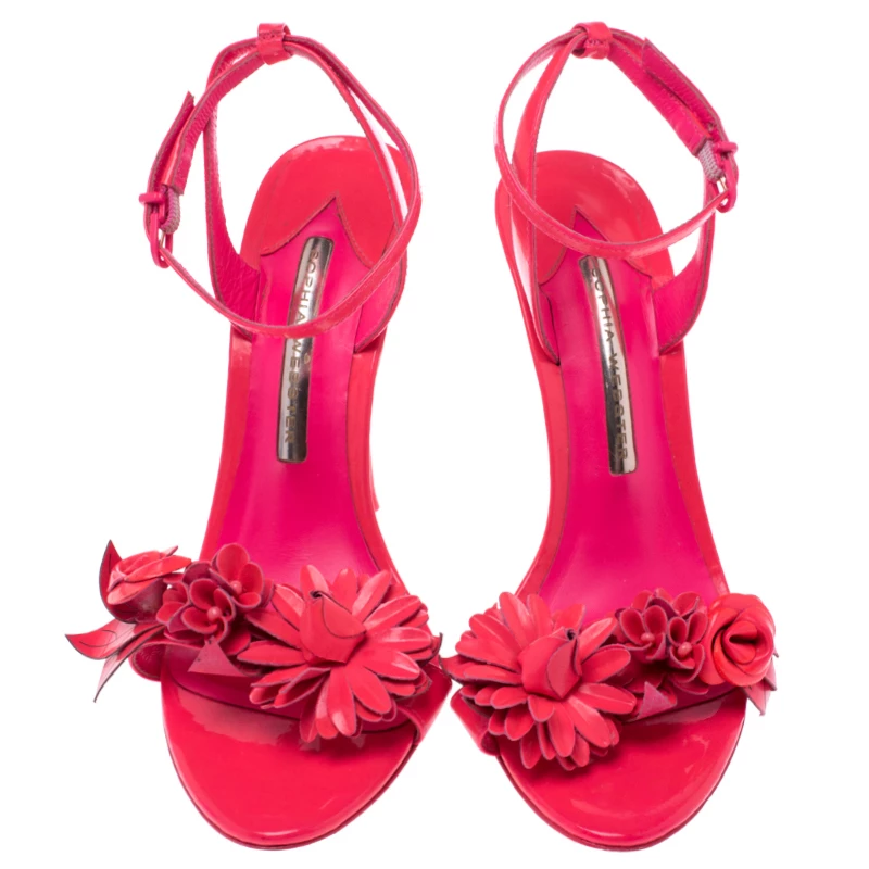 Sophia Webster Fluorescent Pink Patent Leather Lilico Floral Embellished Ankle Wrap Sandals Size 37.5 For Women - Image 3